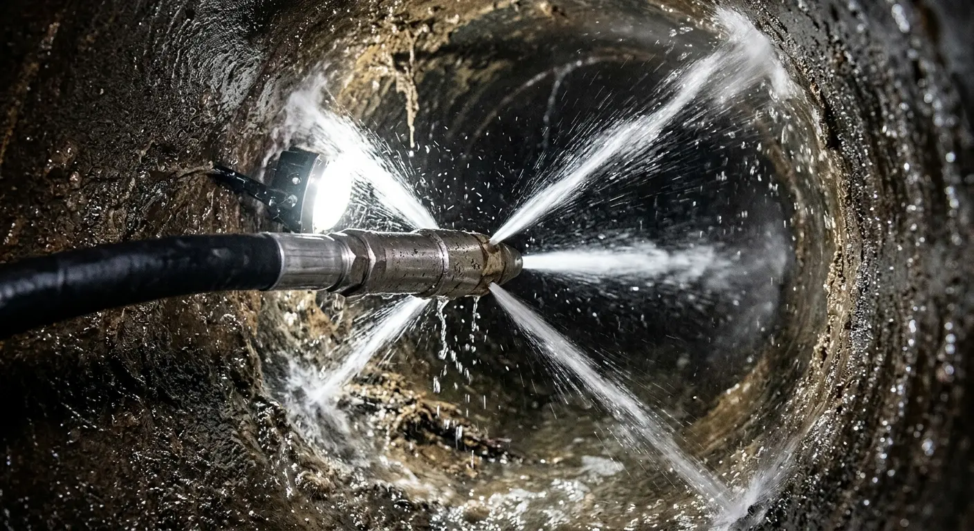 High-pressure hydro jetting nozzle cleaning sewer pipe for Trenchless Sewer Repair in Bellwood