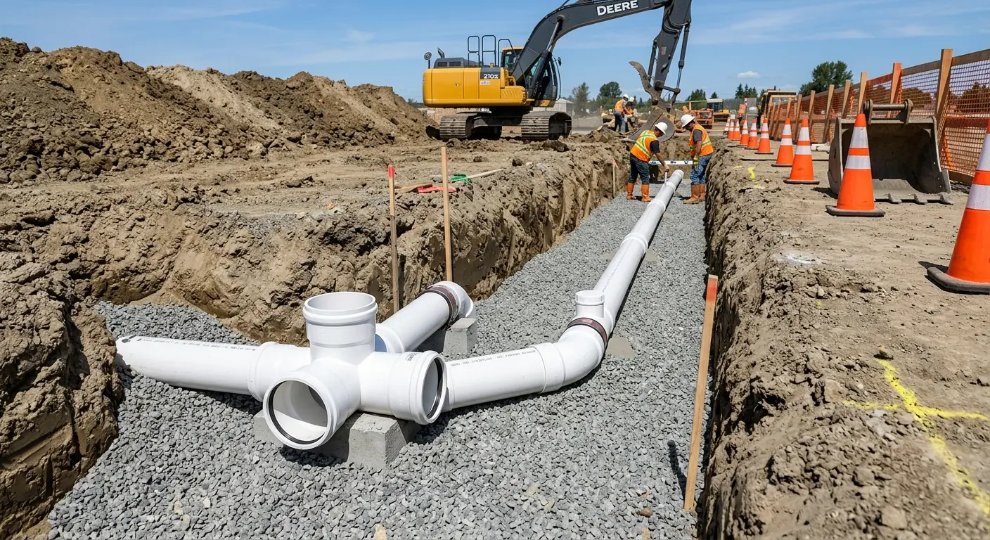New PVC sewer pipe installation in open trench for Commercial Drain Cleaning in Bellwood
