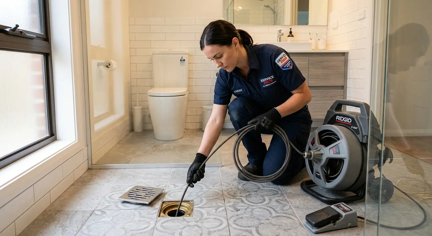 Technician clearing a bathroom floor drain for Sewer Line Installation in Bellwood